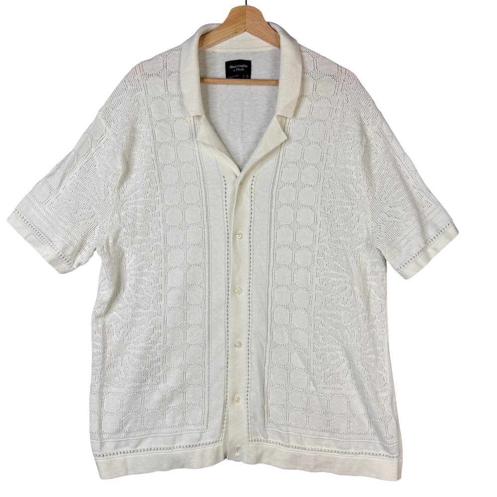 Abercrombie & Fitch XL Pointelle Button-Through Polo Sweater Shirt Cream Knit - Picture 2 of 8